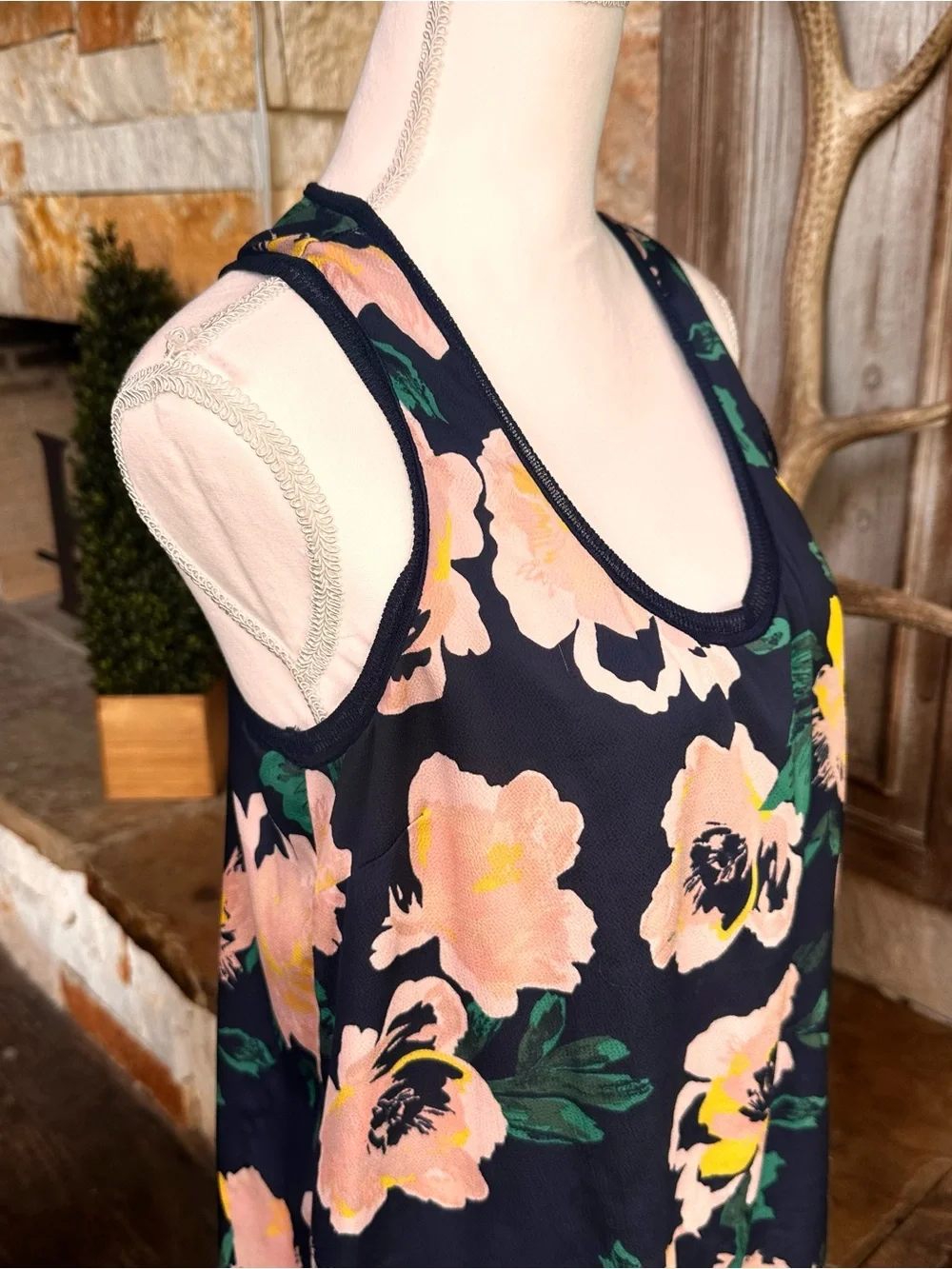 Banana Republic Navy Floral Scoop Neck Tank with Pink & Yellow Blooms